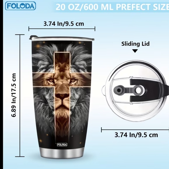 Lion Design Tumbler with Cross - Black and Gold - Picture 2 of 6